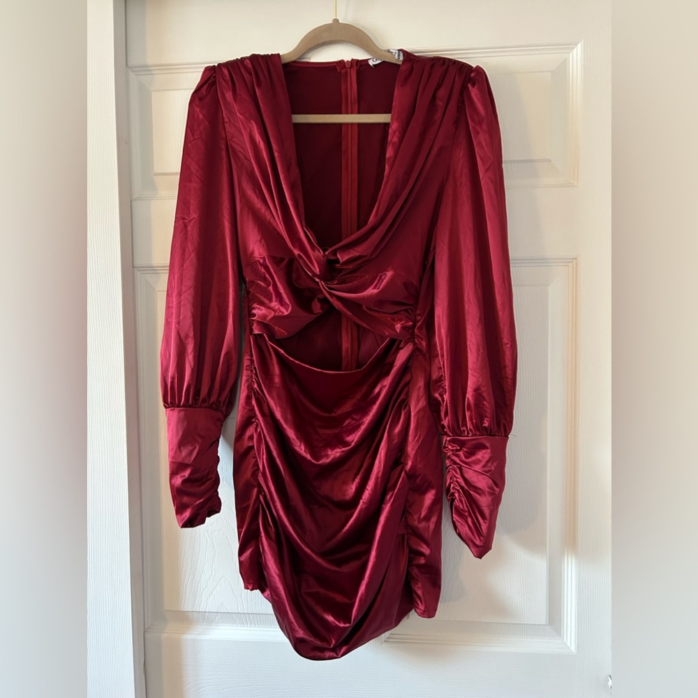 Glamaker Twist Front Ruched Satin Dress - color maroon - size M